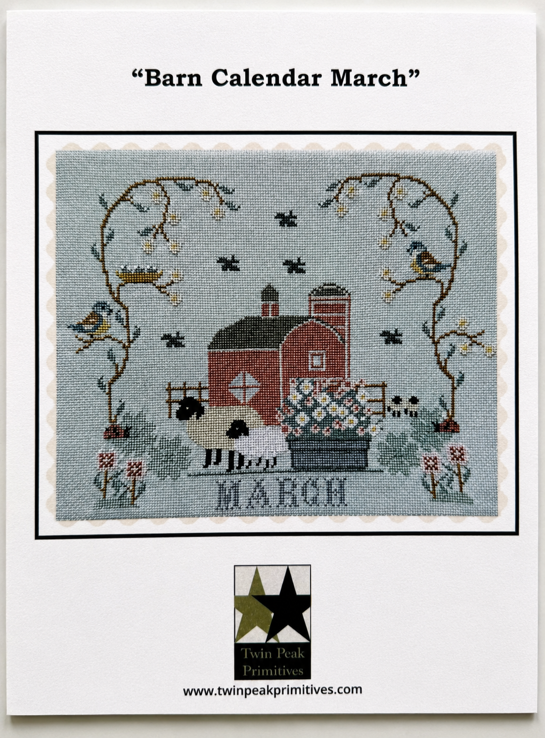 Barn Calendar March cross stitch pattern cover by Twin Peak Primitives with a red barn and spring farm scene.