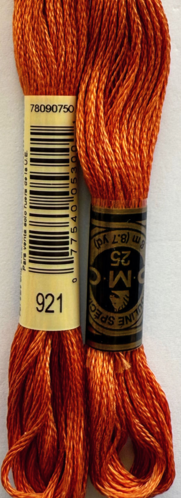 DMC floss color 921 with black label reads text: SPECH CLINE MC, 6m (8.7 yd)