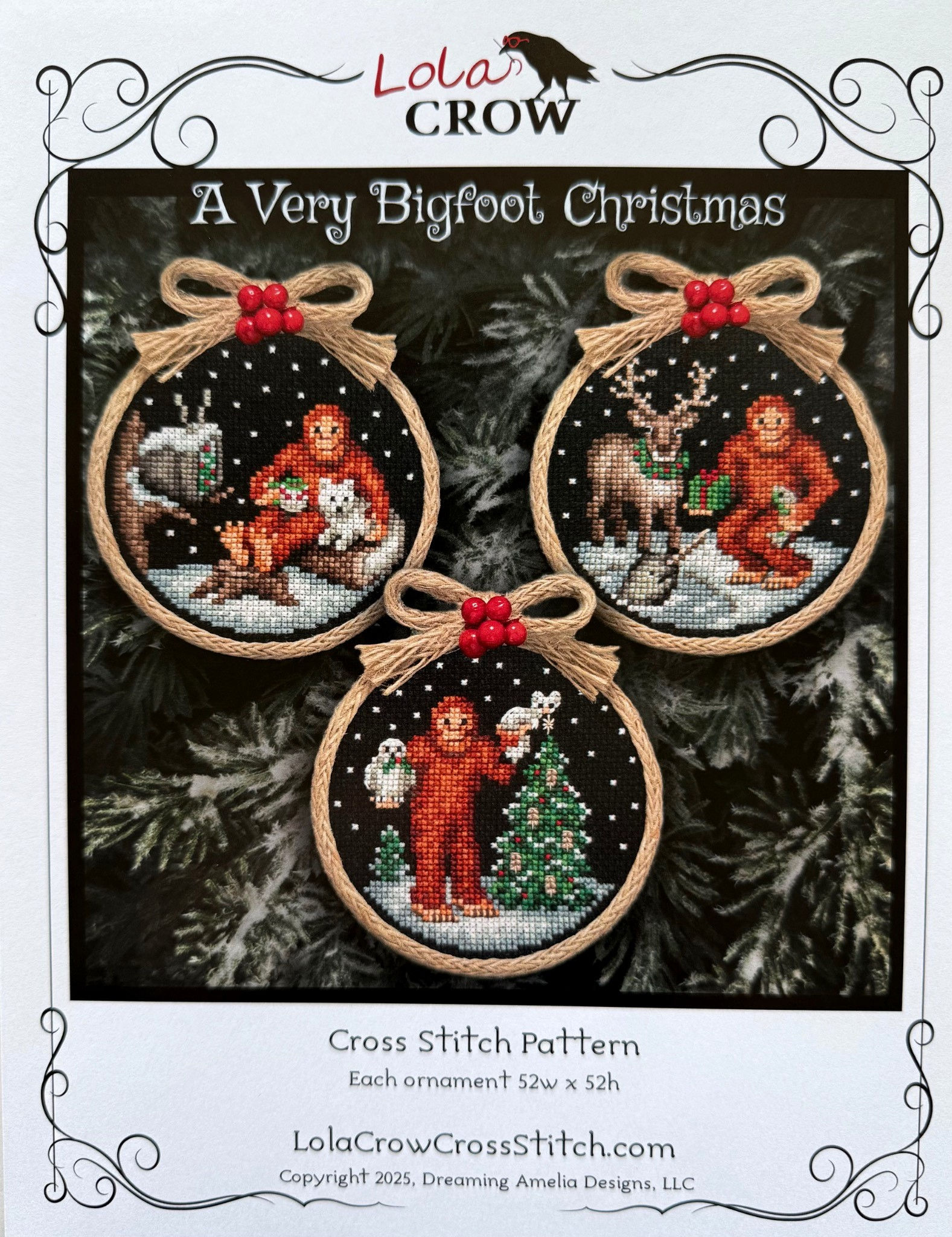 A Very Bigfoot Christmas cross stitch pattern cover by Lola Crow Cross Stitch