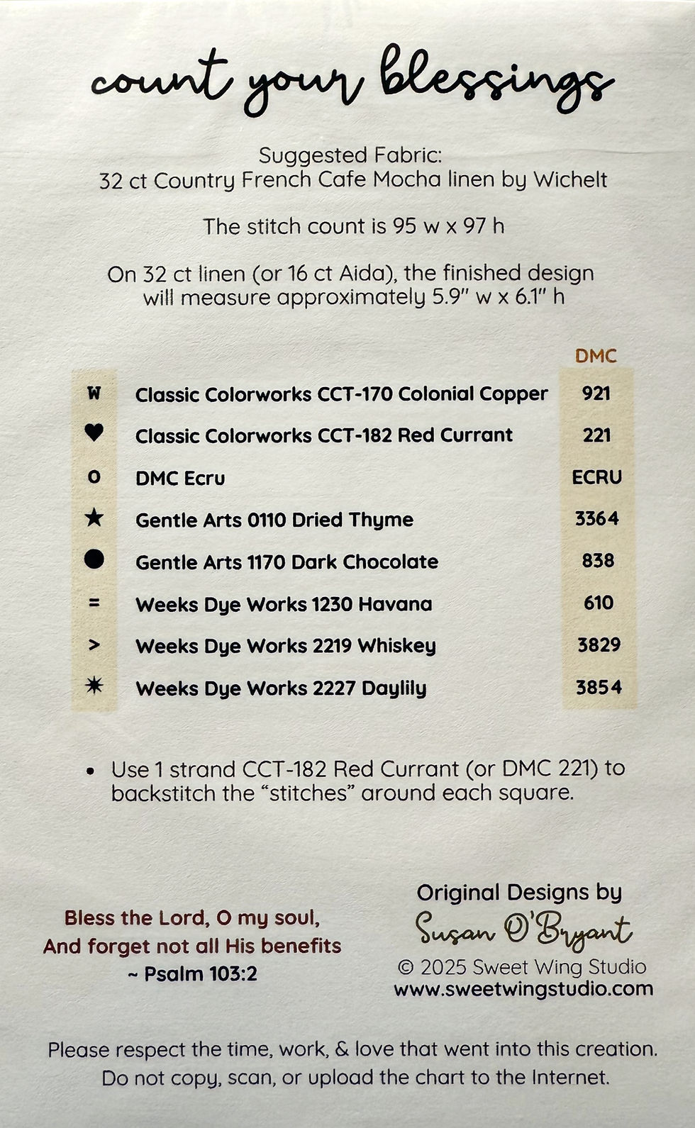 Thumbnail: Floss list showing Classic Colorworks, Gentle Arts, and Weeks Dye Works thread names with their coordinating DMC alternatives
