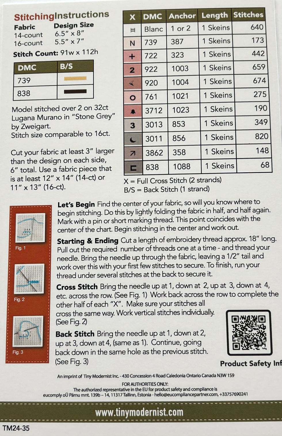 Thumbnail: Cross-stitch instructions with color codes and fabric details, including Zweigart and Stone Grey.