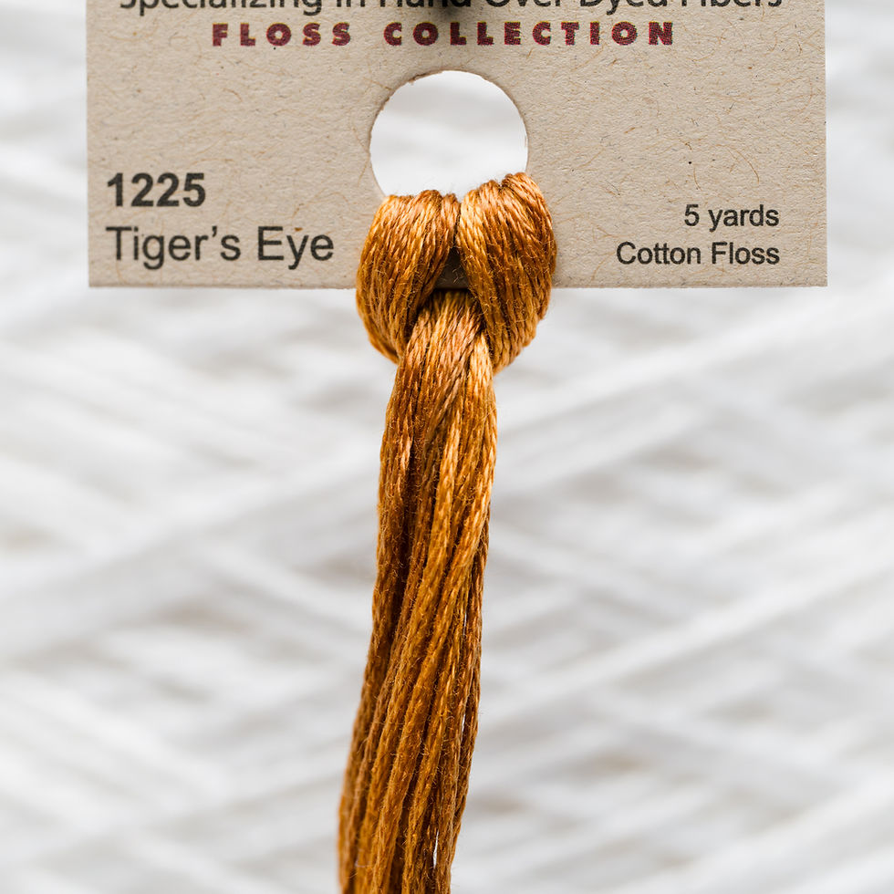 Thumbnail: Tiger's Eye floss with text: 1225, Cotton Floss, 5 yards, and FLOSS COLLECTION.