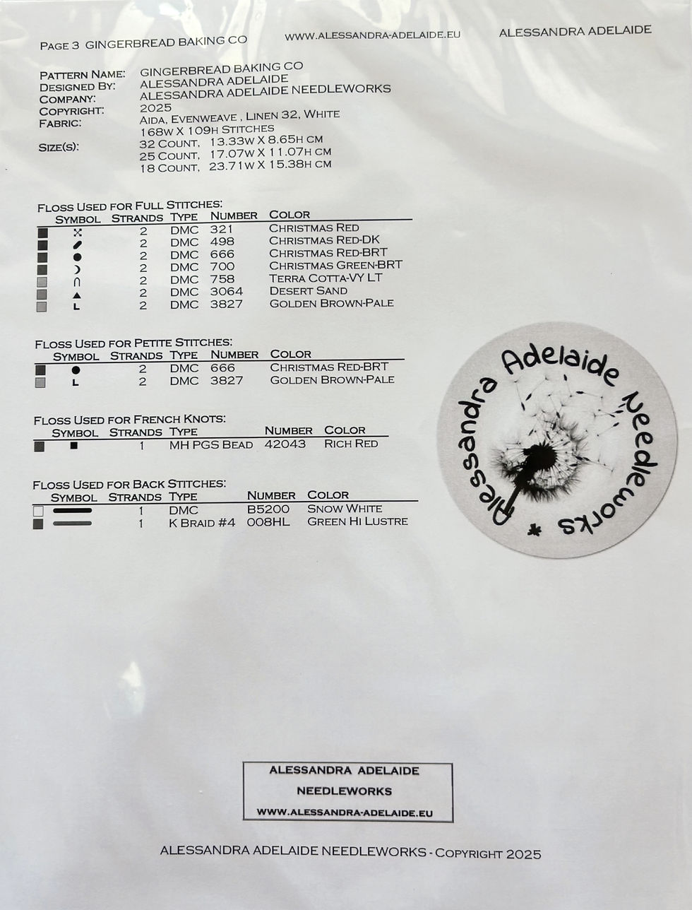 Cross-stitch pattern with text, DMC Floss Color 899 Med. Rose, and Adelaide Needleworks logo.