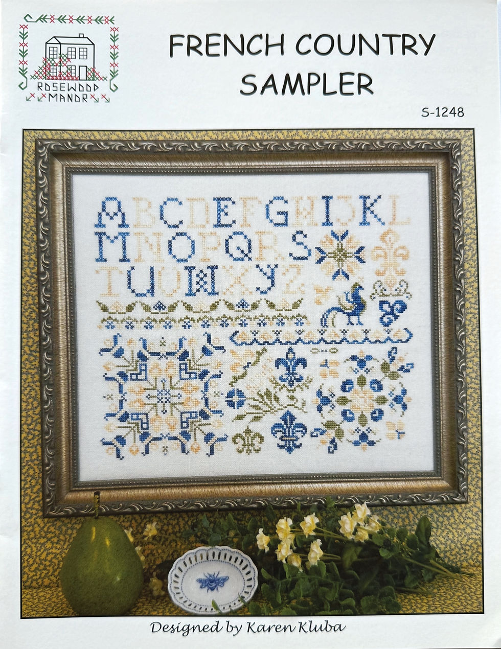 Cross-stitch sampler with alphabet letters and border design, Bloomfield Craft.