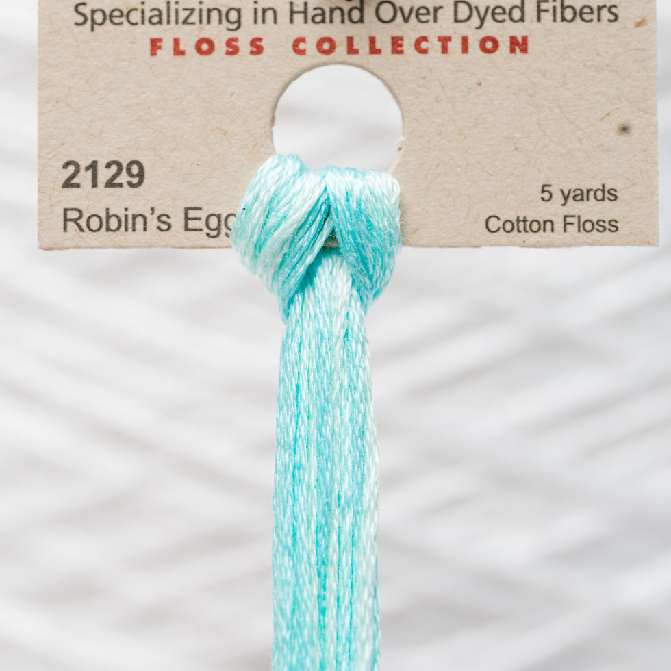 Thumbnail: Robin's Egg cotton floss, 2129, labeled with details and yardage information.