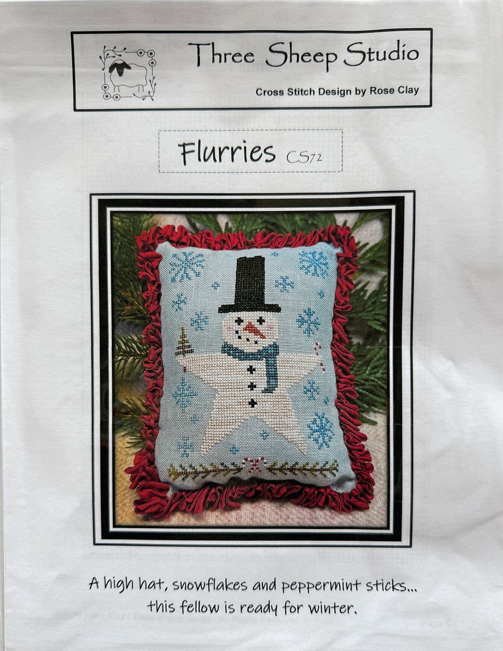 Flurries cross stitch pattern featuring a cheerful snowman with a top hat, scarf, snowflakes, and winter accents