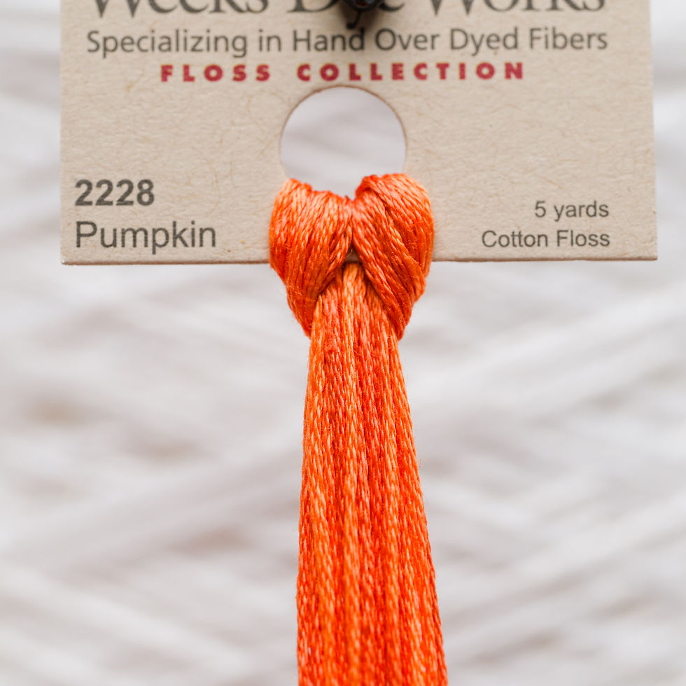 Thumbnail: Orange thread from Weeks Dye Works, labeled 2228 Pumpkin, and Cotton Floss.