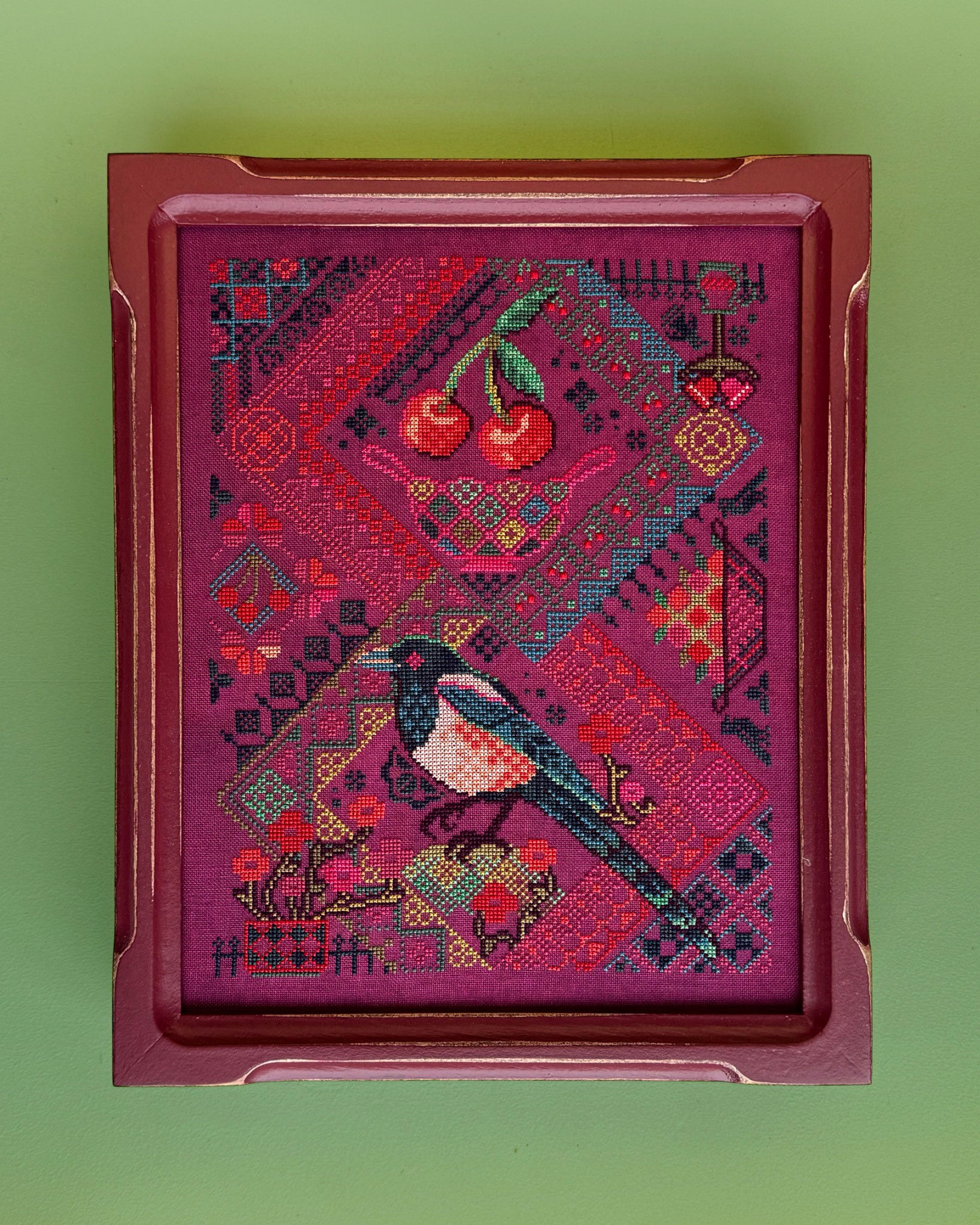 Cherry Magpie cross stitch pattern cover by JEDxStitch