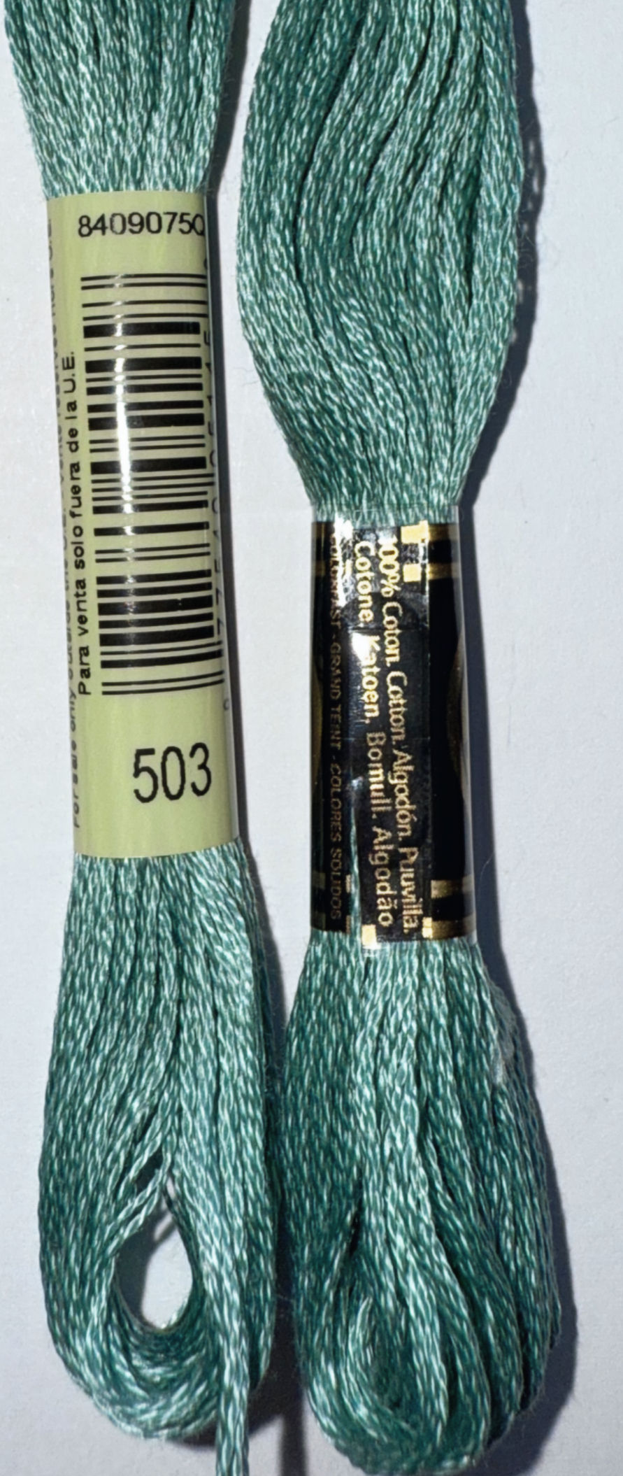 DMC Floss Color 503 visible with text that reads, Para venta, Cotton, Cotton, Bloomfield Craft.