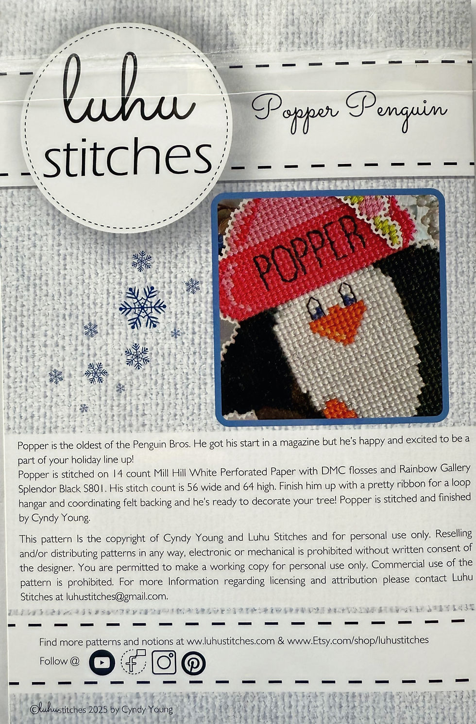 Thumbnail: Back cover of the “Popper Penguin” pattern with stitch count, instructions, and finishing details.