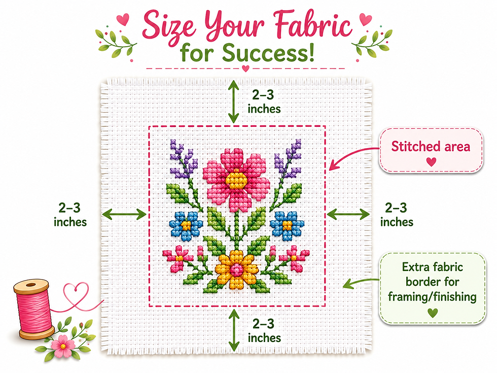 Colorful cross-stitch fabric sizing guide showing a 2- to 3-inch border around the stitched area