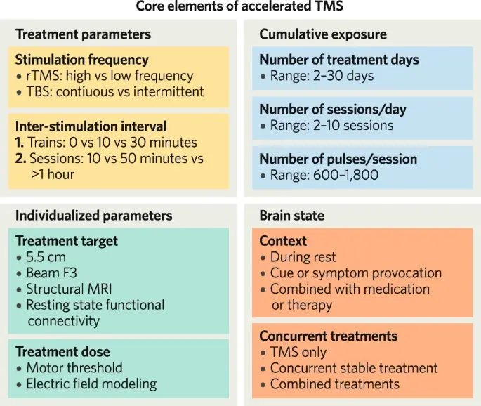 The nine core elements considered in this review for accelerated TMS. rTMS repetitive transcranial magnetic stimulation, TBS theta-burst stimulation, MRI magnetic resonance imaging.