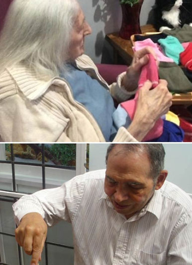 A lady sewing and a man cooking