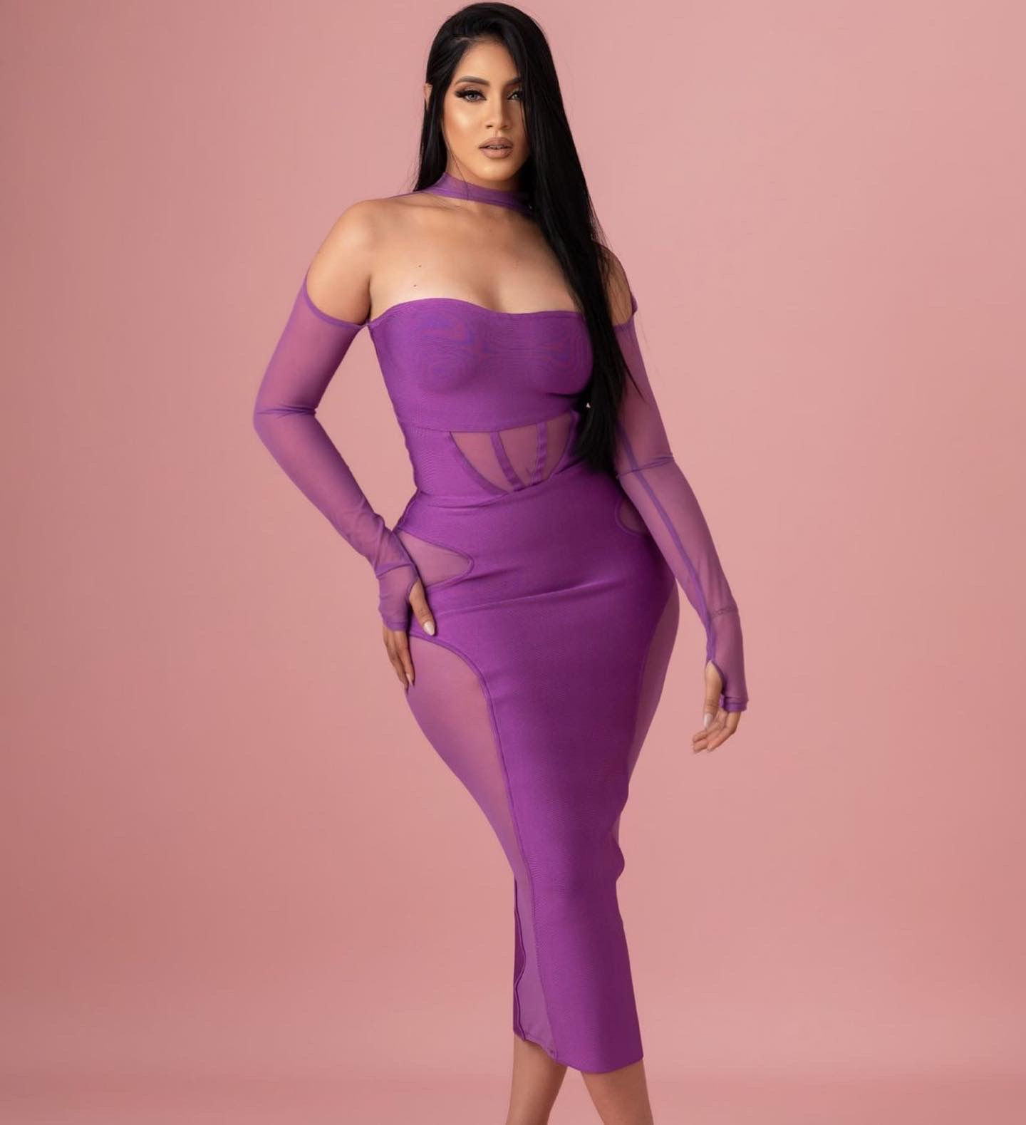 Barrett Purple Mesh Long Sleeve Bandage Dress