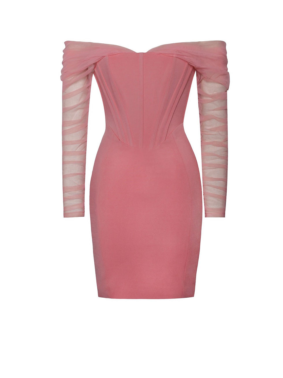 Thumbnail: Zofia Salmon Pink Off Shoulder Mesh Sleeve Corset Dress