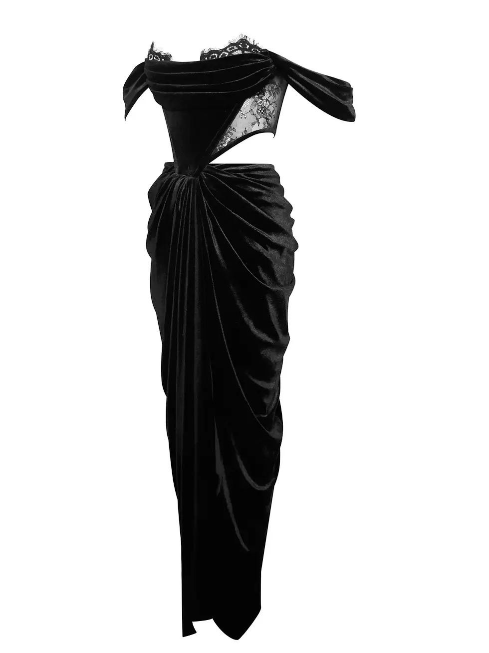 Thumbnail: Quintessa Black Lace Velvet Corset Off Shoulder Gown 