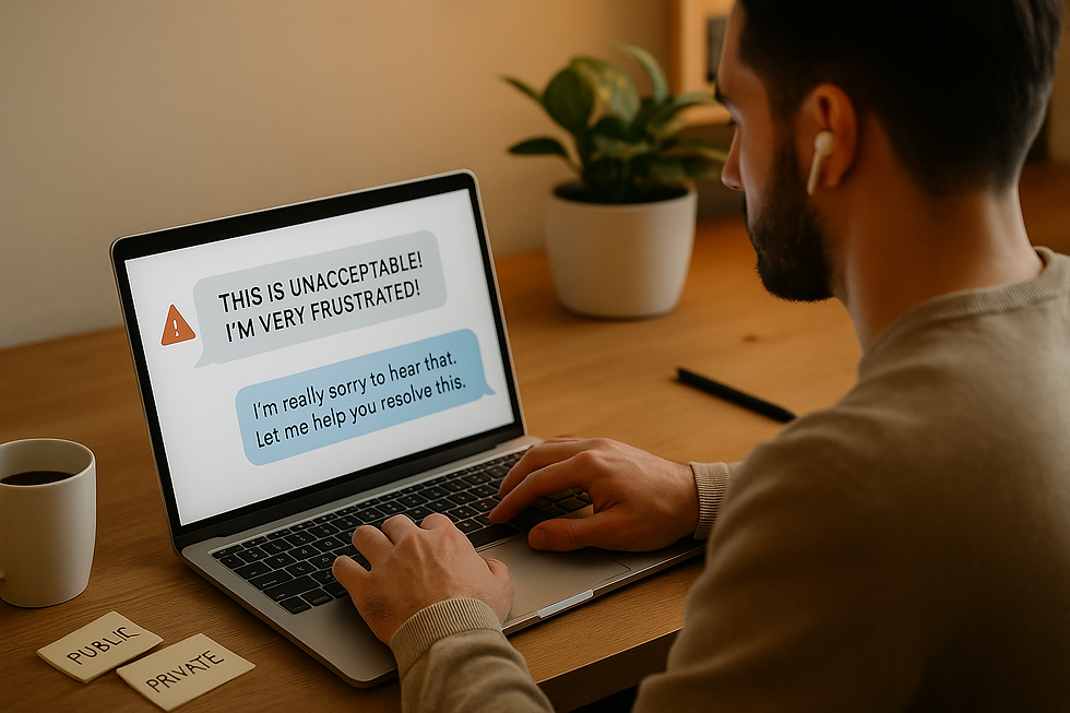 Man at a desk on a laptop, reading frustrated and apologetic messages. Plant and coffee cup nearby. Cards labeled "PUBLIC" and "PRIVATE".