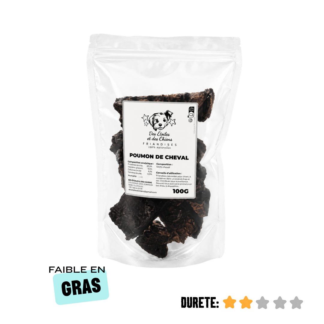 Morceaux de poumon de cheval séché, friandise naturelle et légère pour chien.