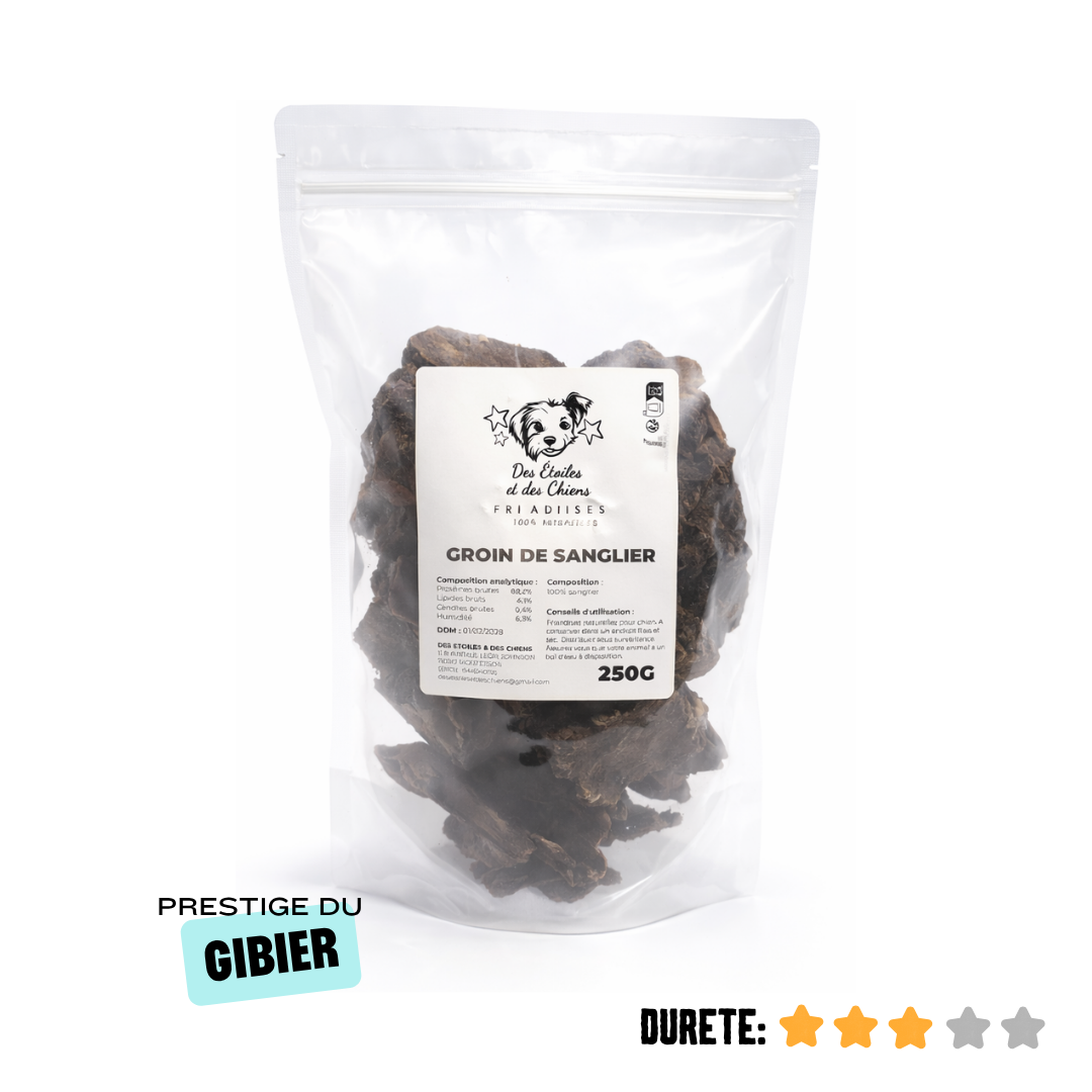 Groin de sanglier séché naturel, friandise de mastication pour chien.