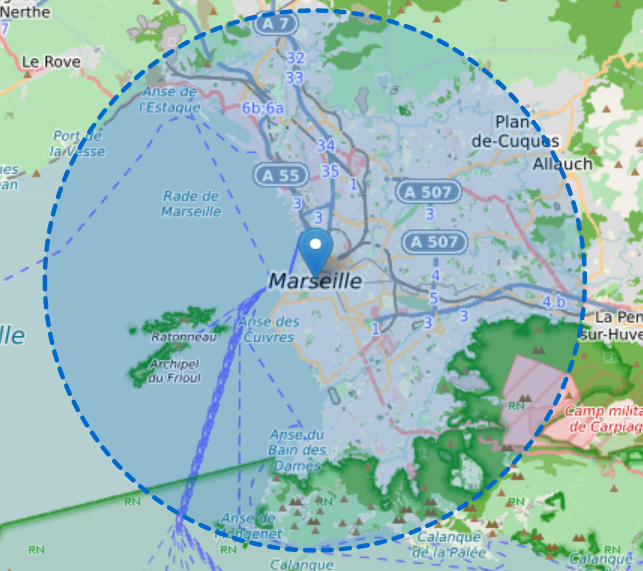 carte iso distance 10 km autour du centre de Marseille