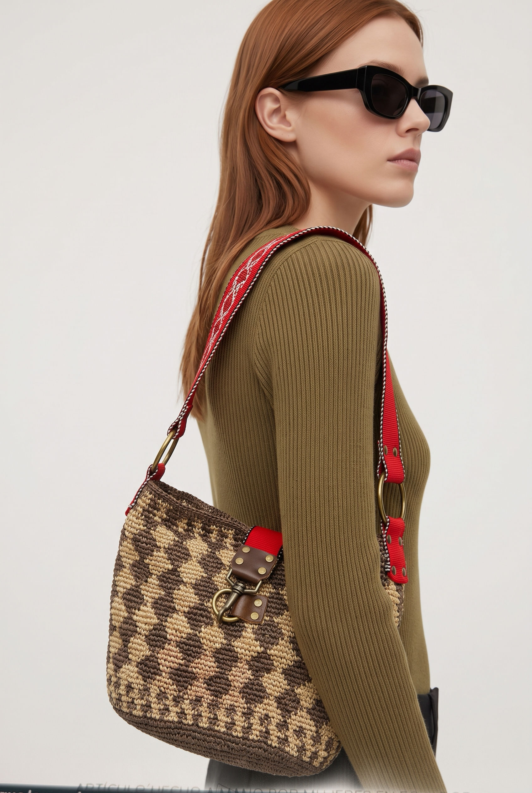 Shigra con faja roja rombos beige y marrón Pino