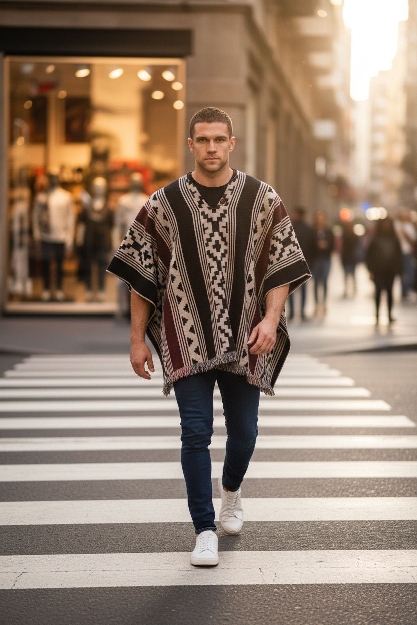 Poncho de Alpaca, Gris, Granate y Blanco Lima