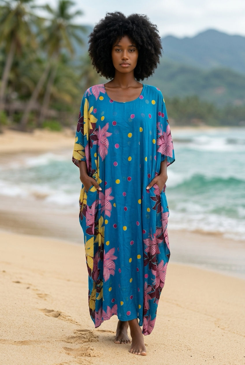 Vestido largo manga corta Azul Flores