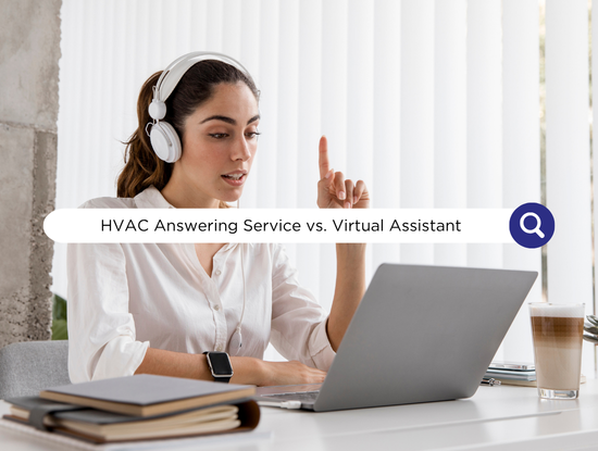 Woman in headphones at a laptop raises a finger; overlay text reads HVAC Answering Service vs. Virtual Assistant.