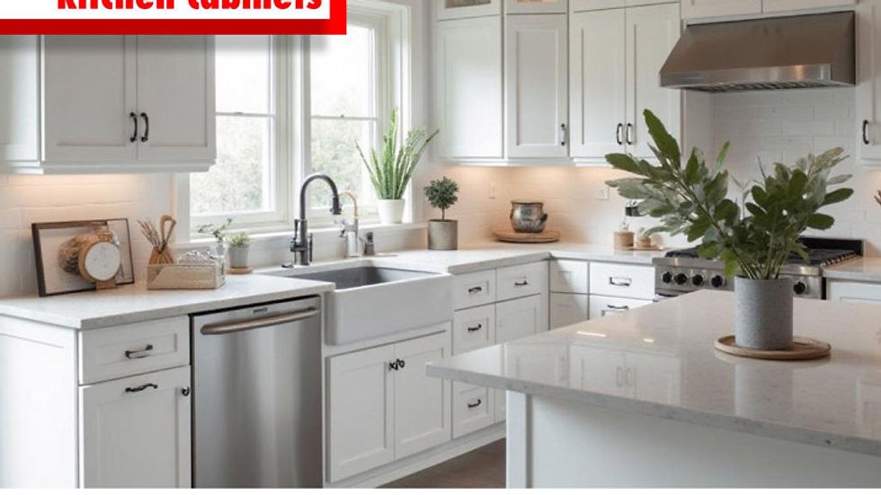 White kitchen with shaker cabinets, stainless appliances, and potted plants. Text: White Shaker Kitchen Cabinets, address, and website.