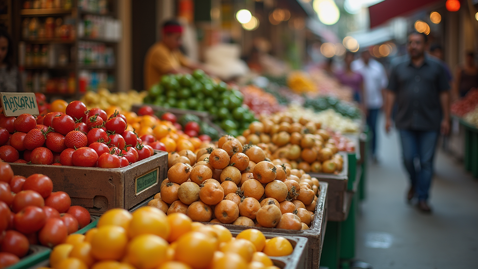 Eye-level view of a vibrant marketplace filled with diverse products