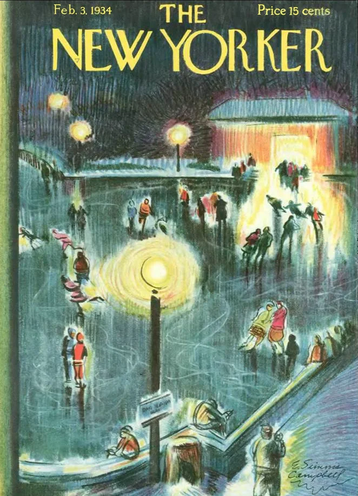 An ice skating illustration for the cover of The New Yorker by E. Simms Campbell