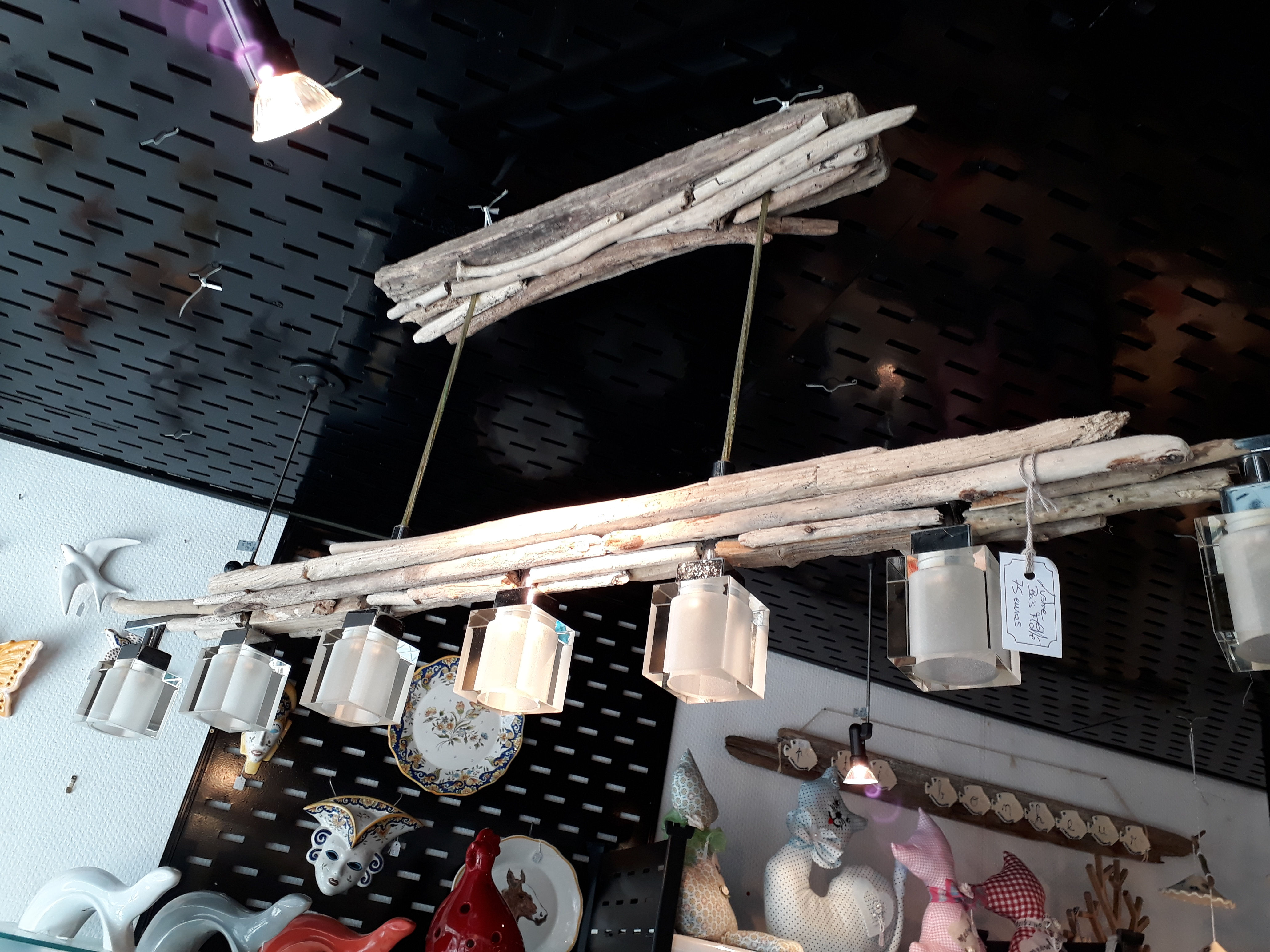 Lustre - plafonnier en bois flotté - 5 cuves