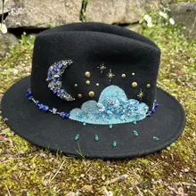 Borsalino feutre noir broderie céleste pierres naturelles fil doré ... 