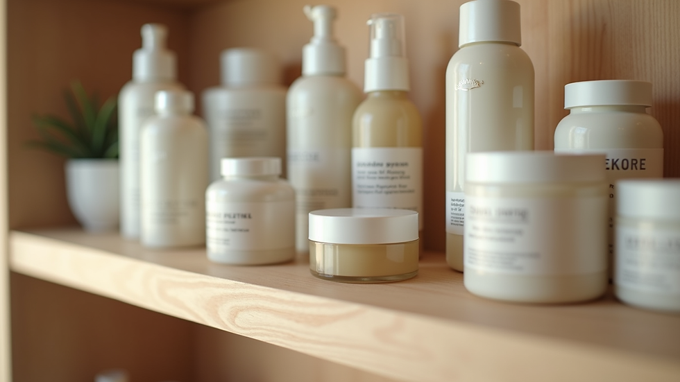 Close-up view of a modern apothecary shelf filled with natural skincare products