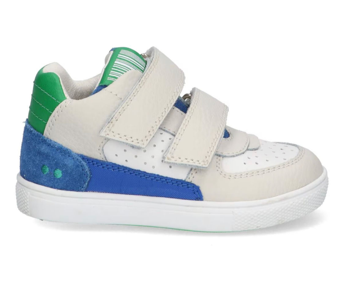 Wit halfhoog velcromodelletje met hoogblauw en groen