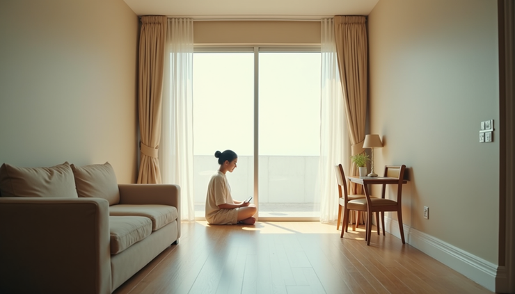 Eye-level view of a person sitting quietly in a calm room with soft natural light