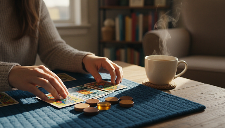Eye-level view of a single player choosing cards during a quiet tabletop game session.
