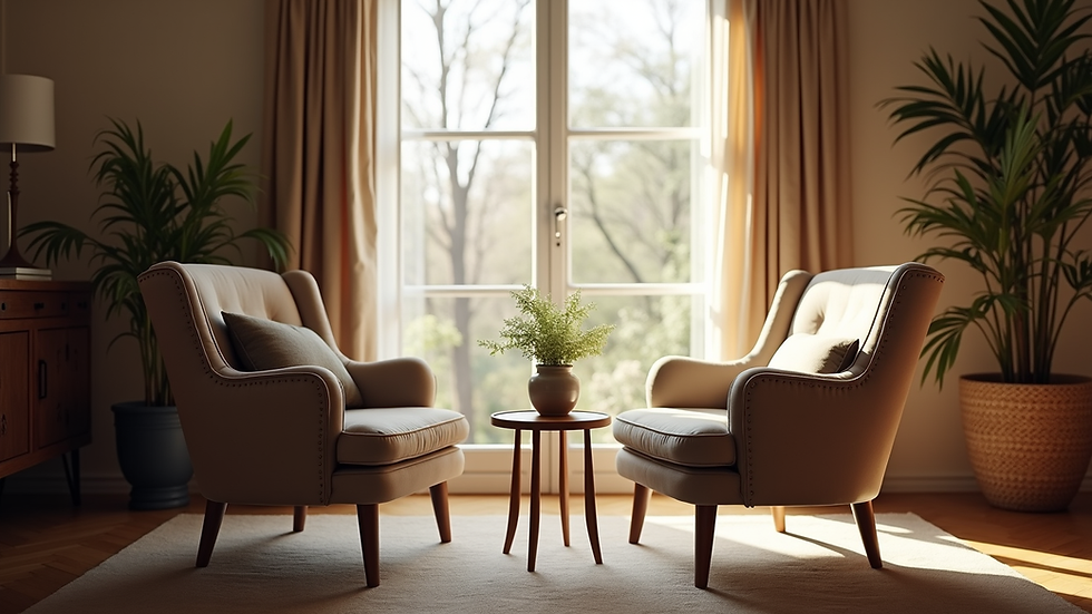 Eye-level view of a cozy living room with two chairs facing each other