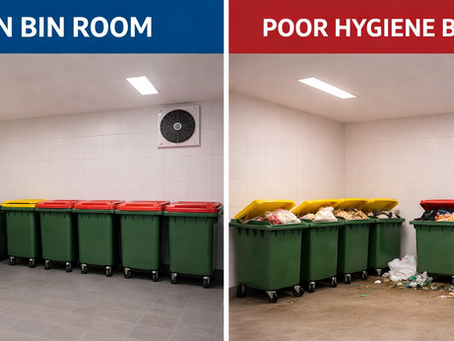 Clean vs poor hygiene bin room comparison showing waste overflow, contamination and proper bin management in strata buildings