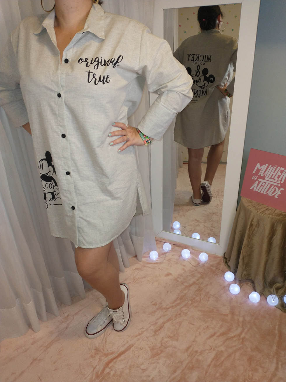 Miniatura: Moda Pop - Vestido Chemise Tricoline  Minnie e Mickey Mouse