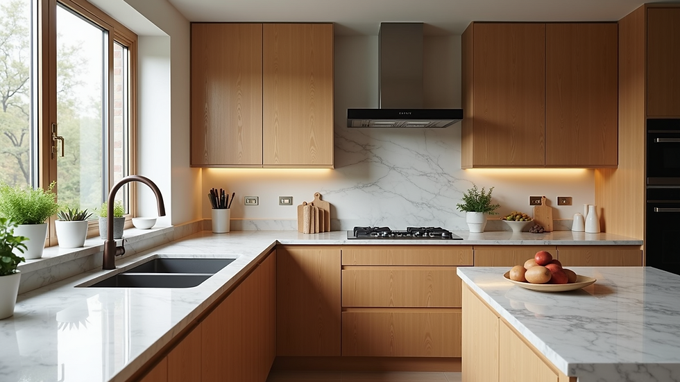 Eye-level view of a modern kitchen with custom wooden cabinets and granite countertops