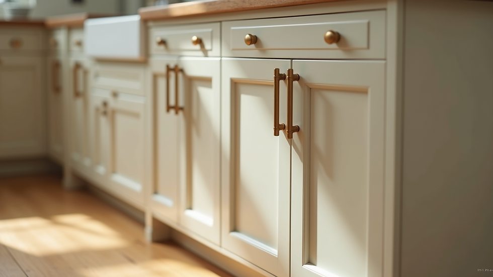 Close-up view of kitchen cabinet hardware and painted cabinet doors