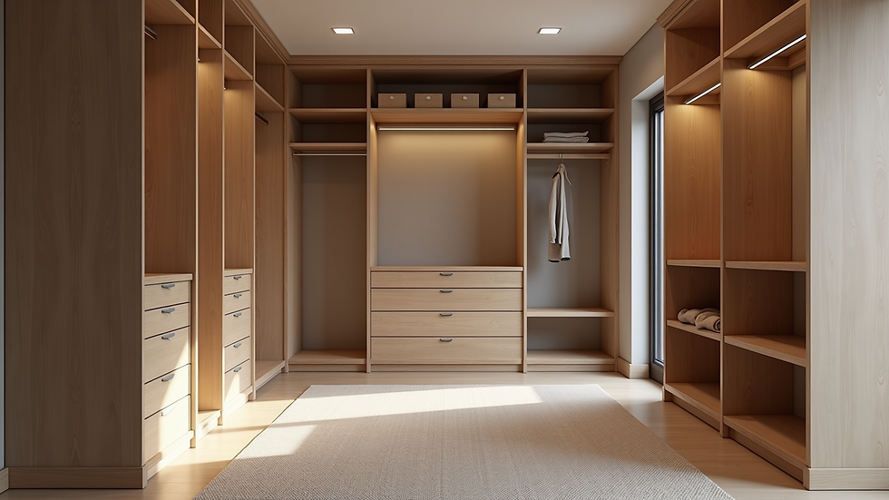 High angle view of a custom walk-in closet with modular shelving
