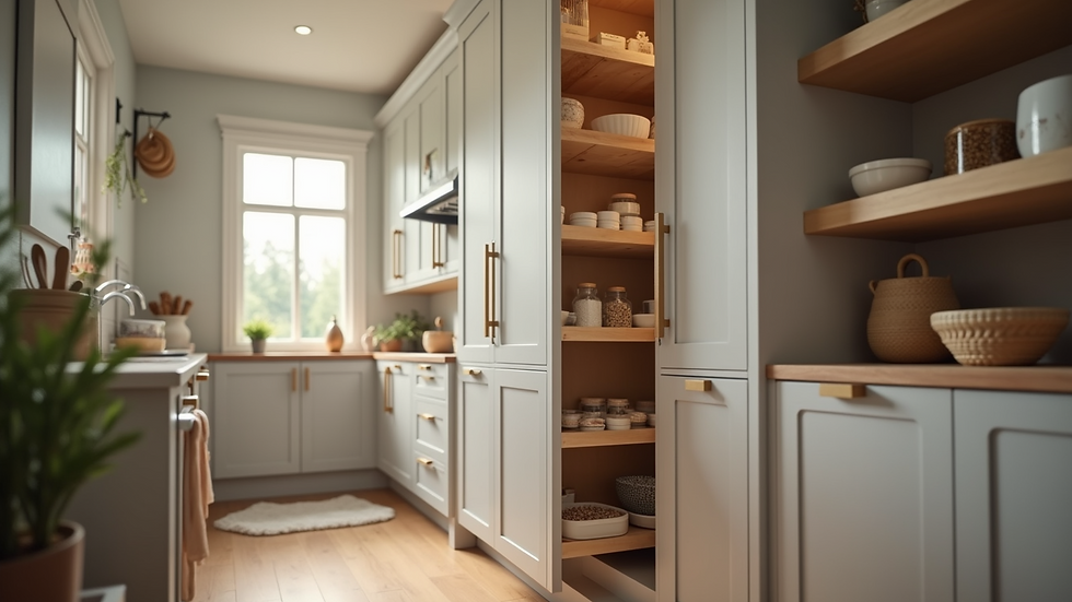 Eye-level view of a custom-built kitchen pantry with pull-out shelves