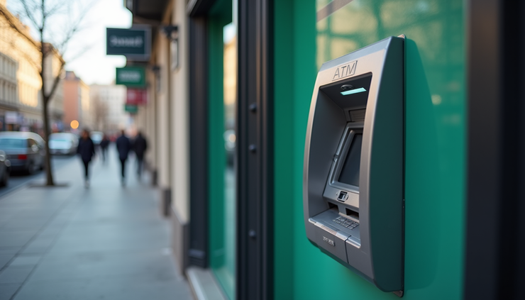 Eye-level view of an ATM machine outside a bank with clear signage