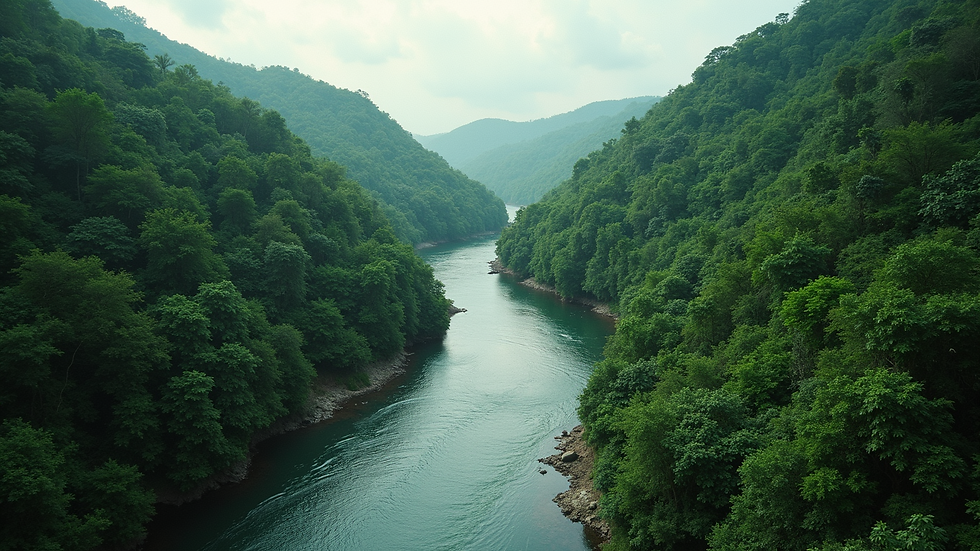 High angle view of a river winding through lush green jungle landscape