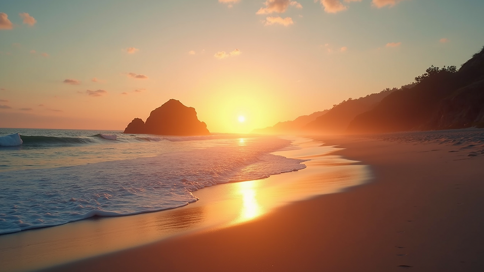 Wide angle view of a serene beach at sunset