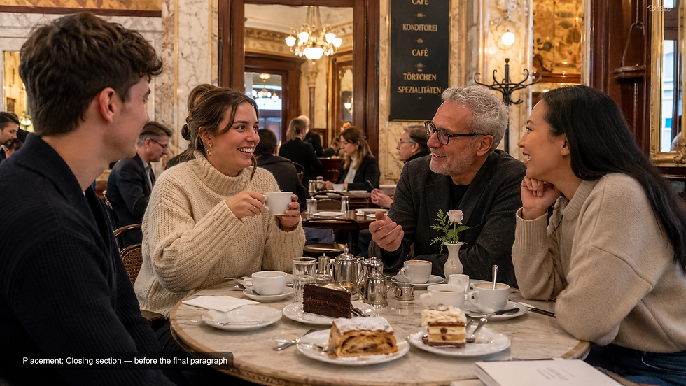 Savoring coffee and pastries, a lively group enjoys the quintessential café experience amid elegant surroundings.