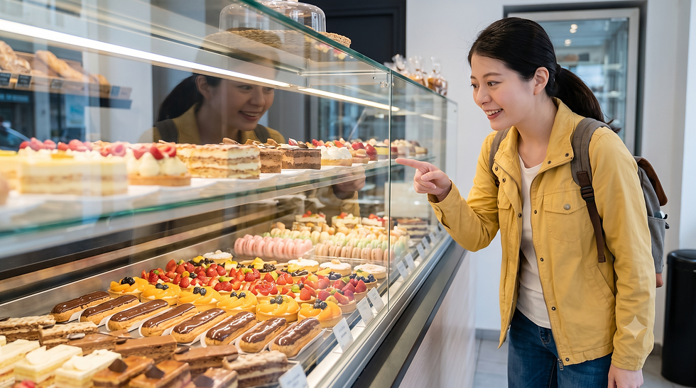 A customer enthusiastically points to a pastry in a French bakery display, ready to order with a friendly "Bonjour."