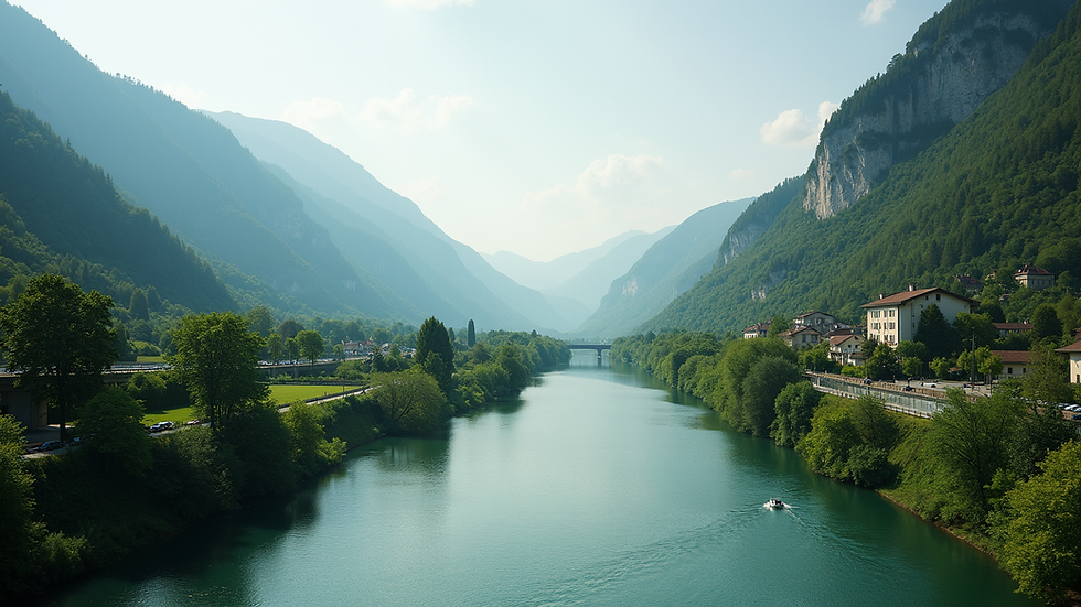 Wide angle view of a scenic European river surrounded by lush hills